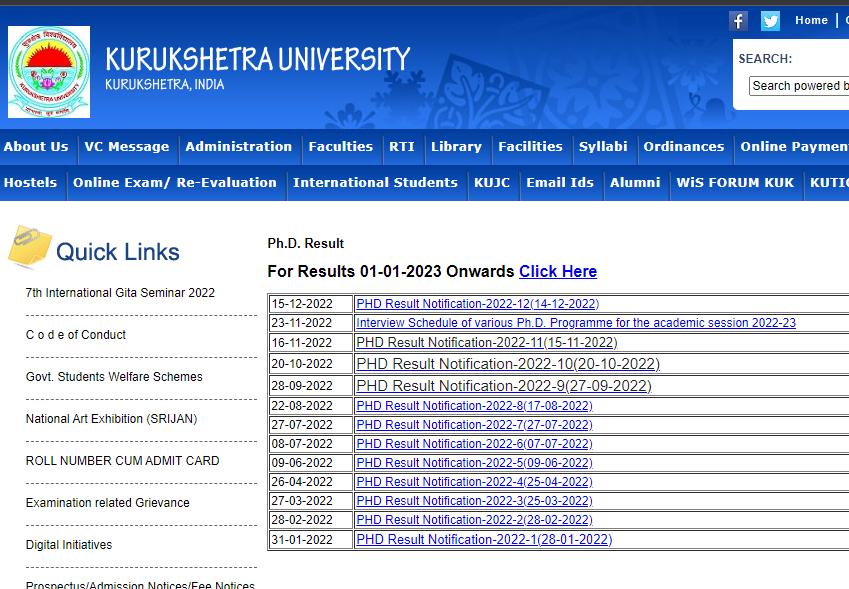 KUK Entrance Exam Result